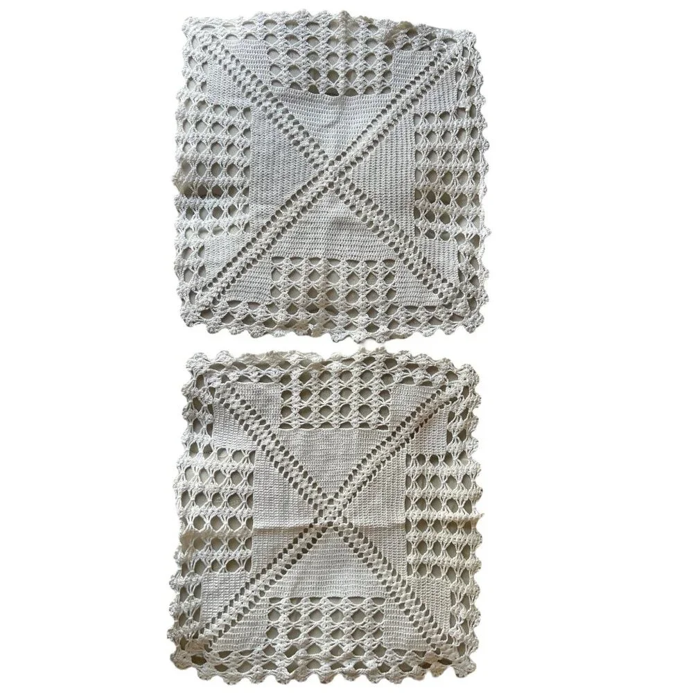 Hand Crocheted White Cotton Doilies Square Cottage Core VTG Wedding Country